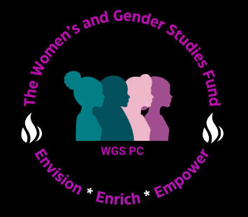 A circular logo for the Women’s and Gender Studies Fund. The center shows four side-profile silhouettes in teal, green, pink, and purple. Below them is a small label reading “WGS PC.” Surrounding the figures is a circular border of text that reads “The Women’s and Gender Studies Fund” at the top and “Envision • Enrich • Empower” at the bottom. Two stylized flame icons appear on the left and right sides of the circle. The overall design uses black, pink, teal, and purple tones.